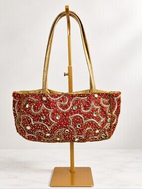 Christiana Vintage Beaded Silk Baguette Shoulder Bag Red Gold